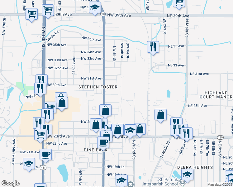 map of restaurants, bars, coffee shops, grocery stores, and more near 444 Northwest 29th Avenue in Gainesville