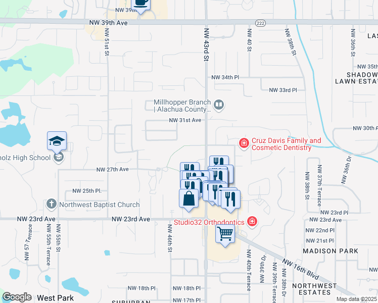 map of restaurants, bars, coffee shops, grocery stores, and more near 2850 NW 43rd St in Gainesville