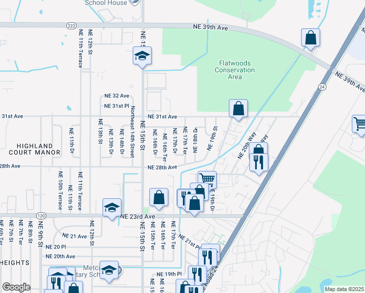 map of restaurants, bars, coffee shops, grocery stores, and more near 2902 Northeast 17th Terrace in Gainesville