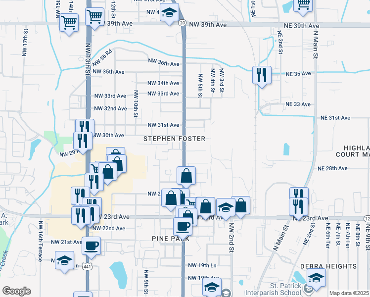 map of restaurants, bars, coffee shops, grocery stores, and more near 2903 Northwest 6th Street in Gainesville