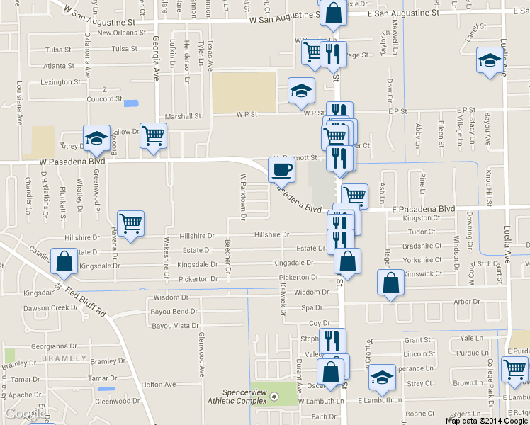 map of restaurants, bars, coffee shops, grocery stores, and more near 500 West Pasadena Boulevard in Deer Park