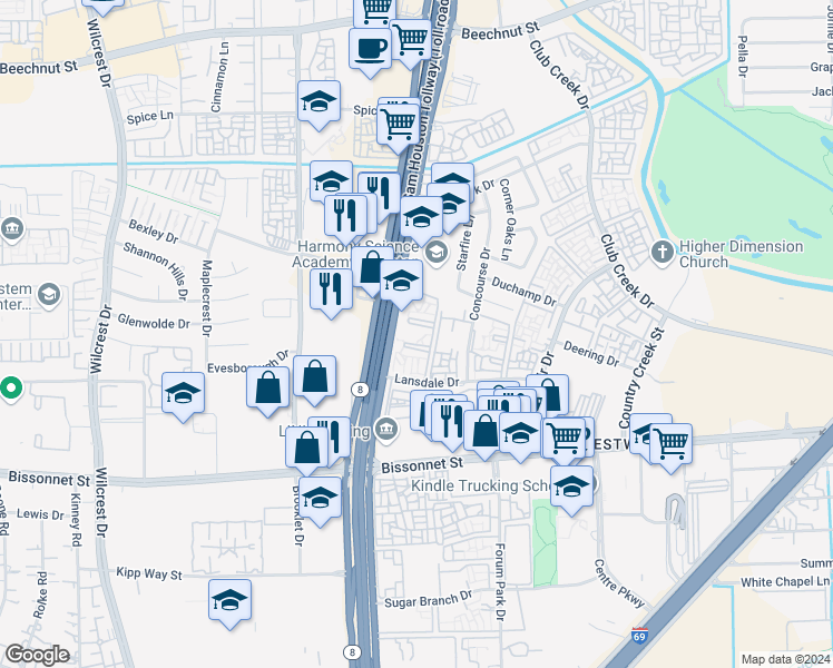 map of restaurants, bars, coffee shops, grocery stores, and more near 5020 West Sam Houston Parkway South in Houston