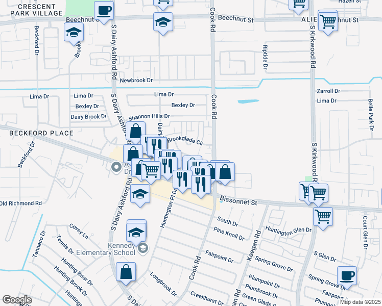 map of restaurants, bars, coffee shops, grocery stores, and more near 12403 Magnolia Canyon in Houston