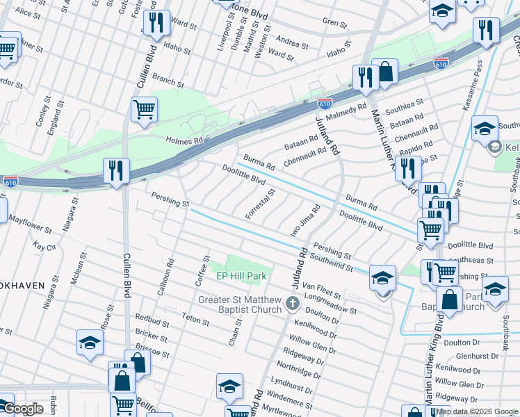 map of restaurants, bars, coffee shops, grocery stores, and more near 7339 Forrestal Street in Houston