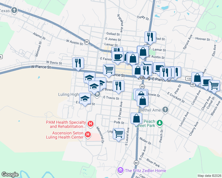 map of restaurants, bars, coffee shops, grocery stores, and more near 306 East Bowie Street in Luling