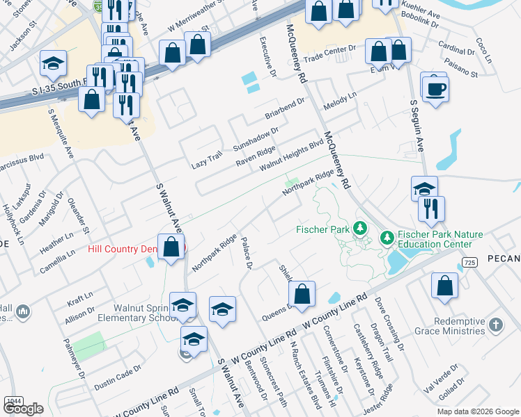map of restaurants, bars, coffee shops, grocery stores, and more near 2107 Northcrest Drive in New Braunfels