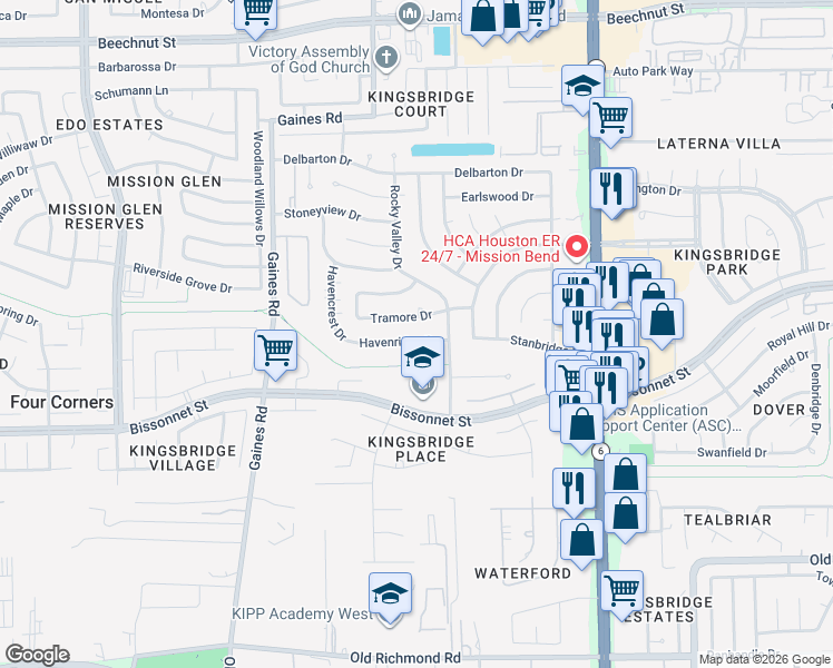 map of restaurants, bars, coffee shops, grocery stores, and more near 14922 Havenridge Drive in Houston