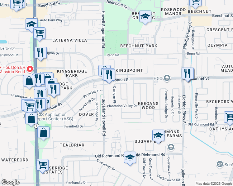 map of restaurants, bars, coffee shops, grocery stores, and more near 9311 Spindlewood Drive in Houston