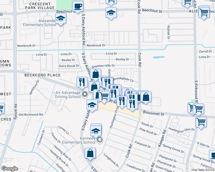 map of restaurants, bars, coffee shops, grocery stores, and more near 12615 Brookglade Circle in Houston
