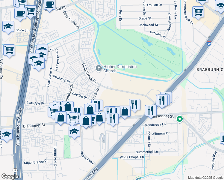 map of restaurants, bars, coffee shops, grocery stores, and more near 9700 Bissonnet Street in Houston