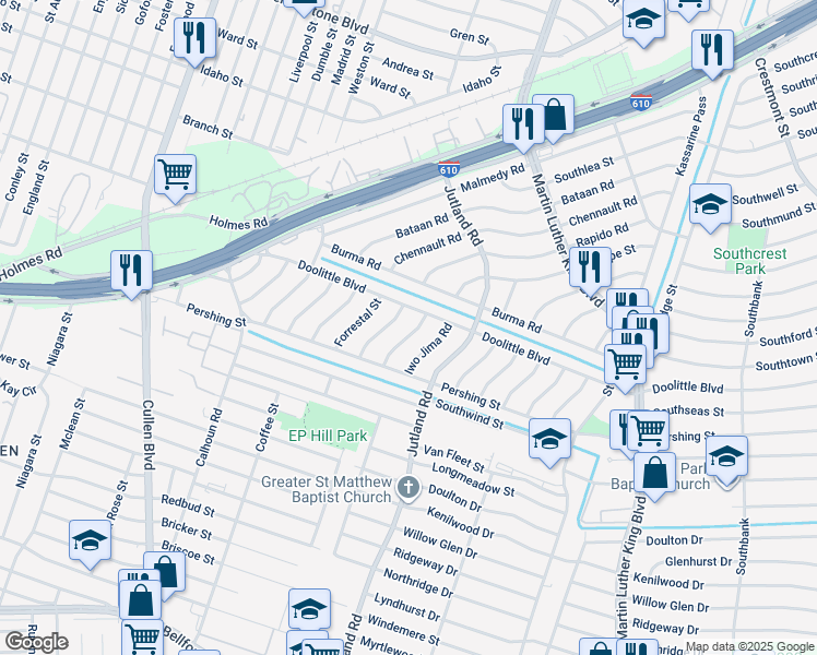 map of restaurants, bars, coffee shops, grocery stores, and more near 7330 Hurtgen Forest Road in Houston
