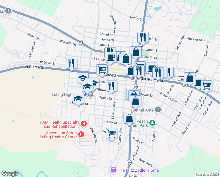 map of restaurants, bars, coffee shops, grocery stores, and more near 403 East Bowie Street in Luling