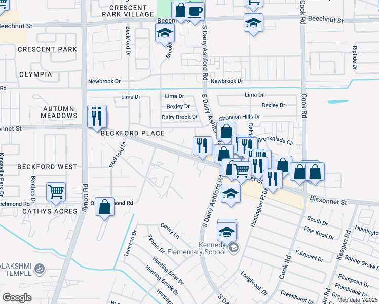 map of restaurants, bars, coffee shops, grocery stores, and more near 12803 Glenwolde Drive in Houston