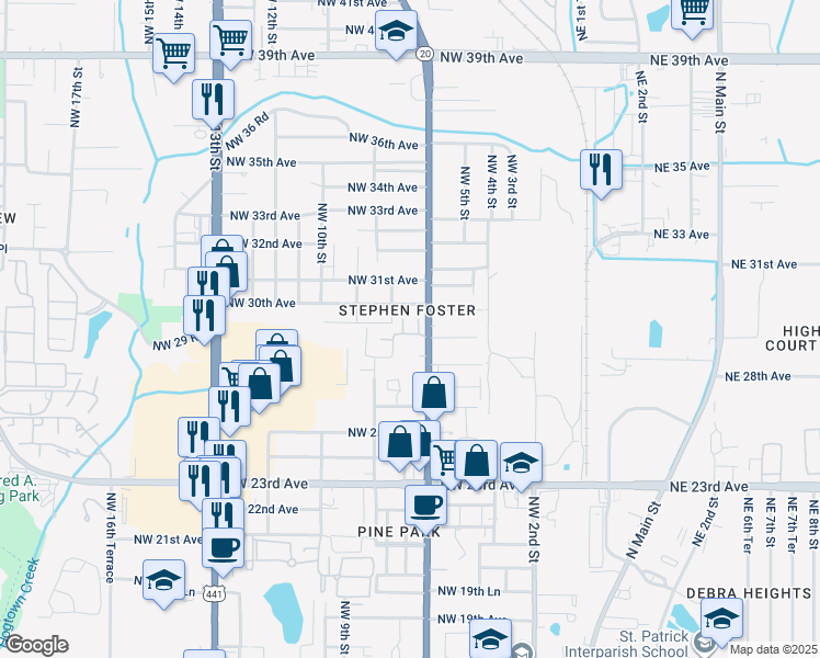 map of restaurants, bars, coffee shops, grocery stores, and more near 685 Northwest 29th Avenue in Gainesville