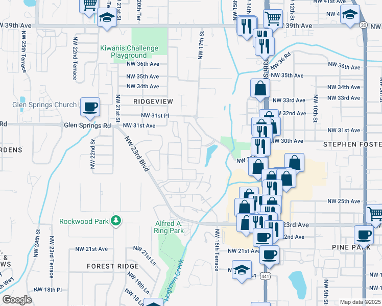 map of restaurants, bars, coffee shops, grocery stores, and more near 1609 Northwest 29 Road in Gainesville