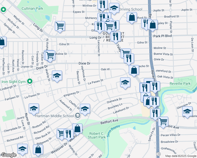 map of restaurants, bars, coffee shops, grocery stores, and more near 7213 La Paseo Street in Houston