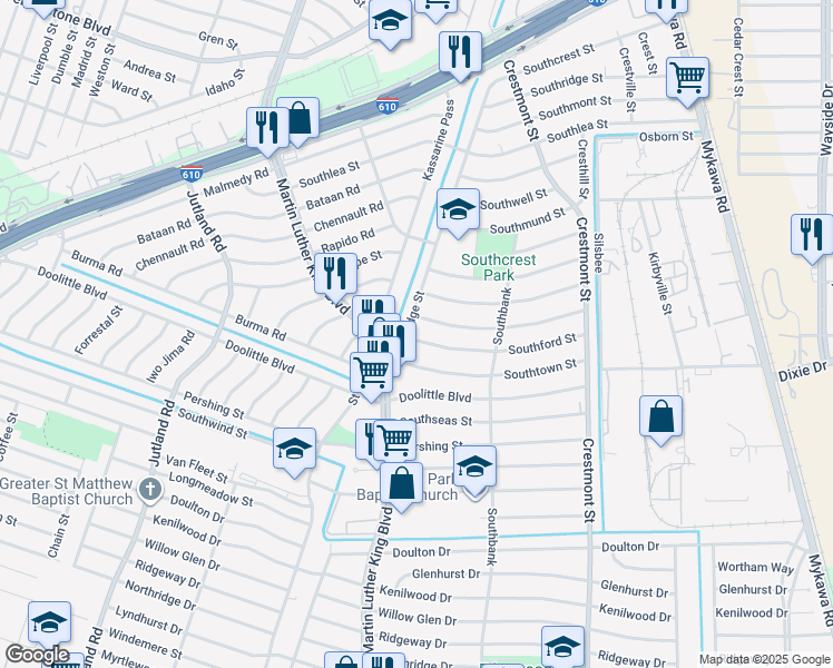map of restaurants, bars, coffee shops, grocery stores, and more near 5803 Southford Street in Houston