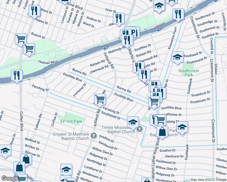 map of restaurants, bars, coffee shops, grocery stores, and more near 7303 Jutland Road in Houston