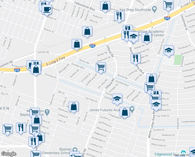 map of restaurants, bars, coffee shops, grocery stores, and more near 7330 Hurtgen Forest Road in Houston