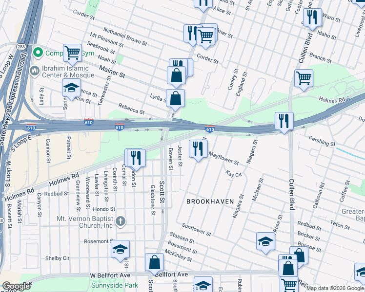 map of restaurants, bars, coffee shops, grocery stores, and more near 7725 Jester Street in Houston