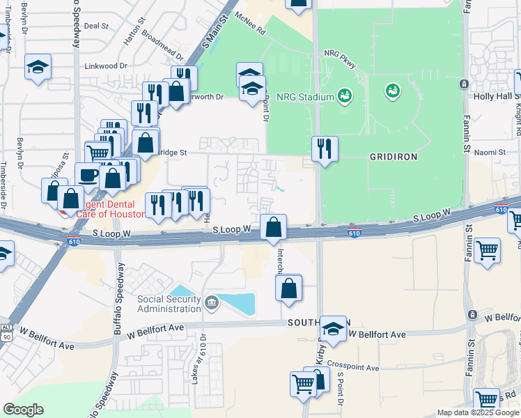 map of restaurants, bars, coffee shops, grocery stores, and more near 2500 South Loop West in Houston