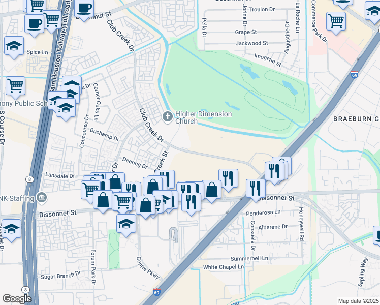 map of restaurants, bars, coffee shops, grocery stores, and more near 9700 Bissonnet St in Houston