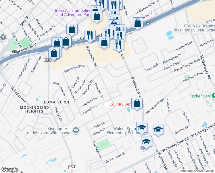 map of restaurants, bars, coffee shops, grocery stores, and more near 1352 Pecan Ridge in New Braunfels