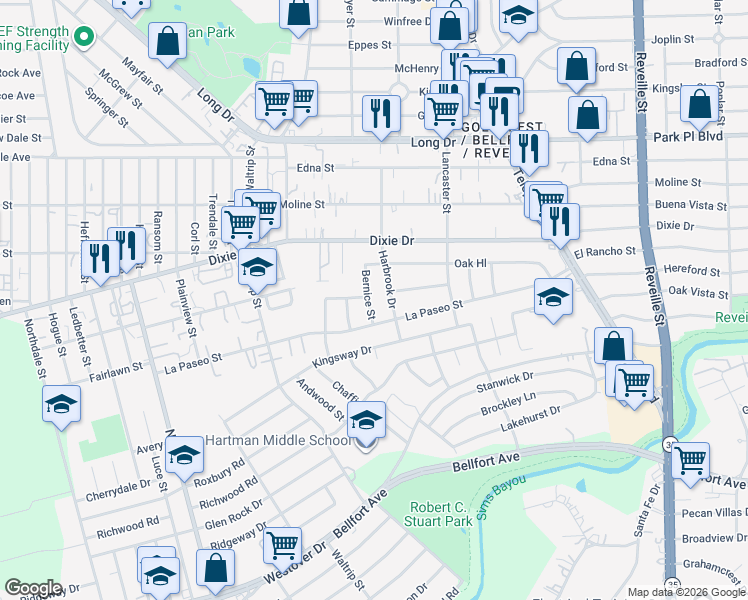 map of restaurants, bars, coffee shops, grocery stores, and more near 5903 Bois D Arc Street in Houston