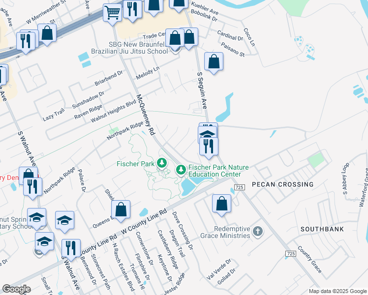 map of restaurants, bars, coffee shops, grocery stores, and more near 341 Placid Meadow in New Braunfels