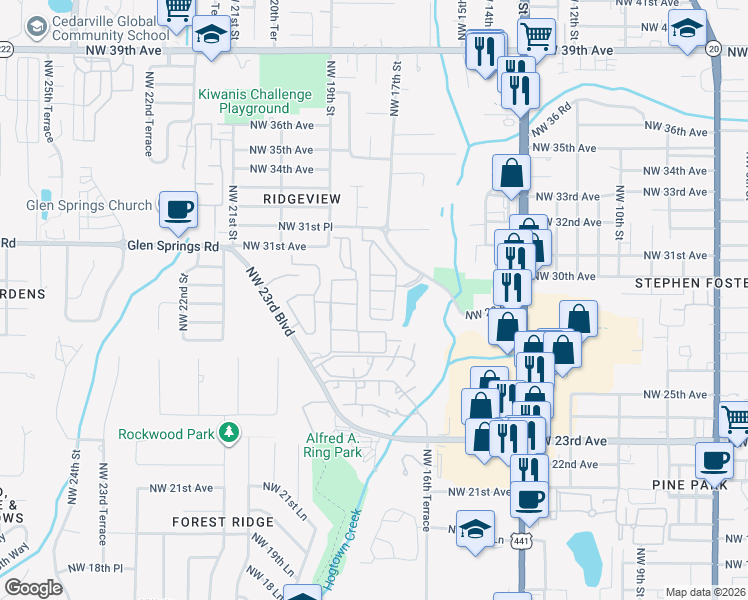map of restaurants, bars, coffee shops, grocery stores, and more near 1609 Northwest 29 Road in Gainesville