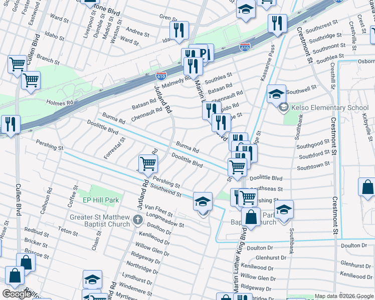 map of restaurants, bars, coffee shops, grocery stores, and more near 5214 Burma Road in Houston