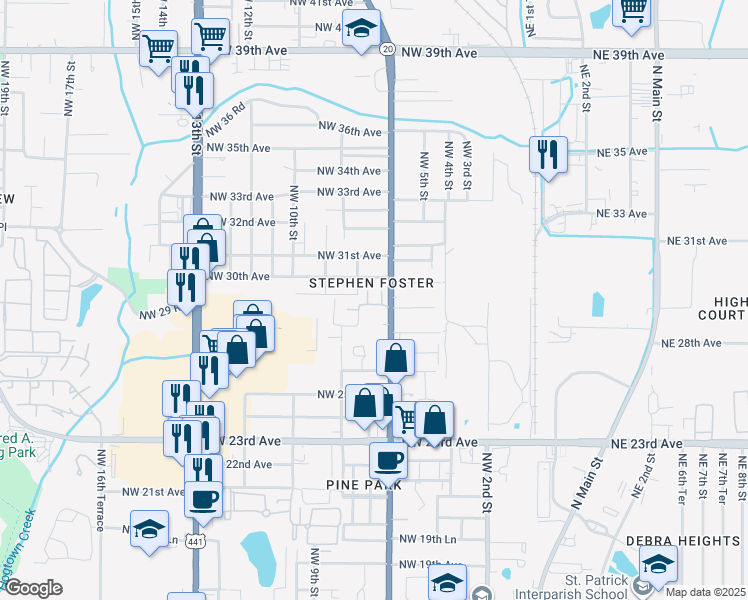 map of restaurants, bars, coffee shops, grocery stores, and more near 685 Northwest 29th Avenue in Gainesville