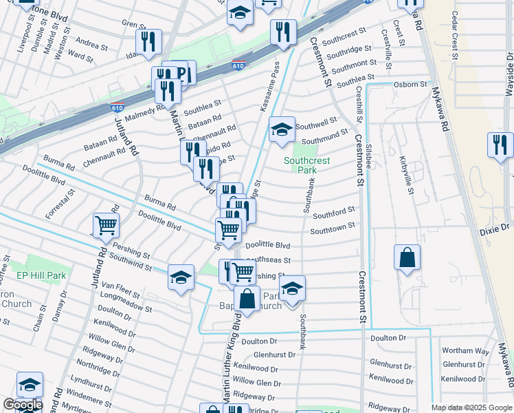 map of restaurants, bars, coffee shops, grocery stores, and more near 5803 Southford Street in Houston