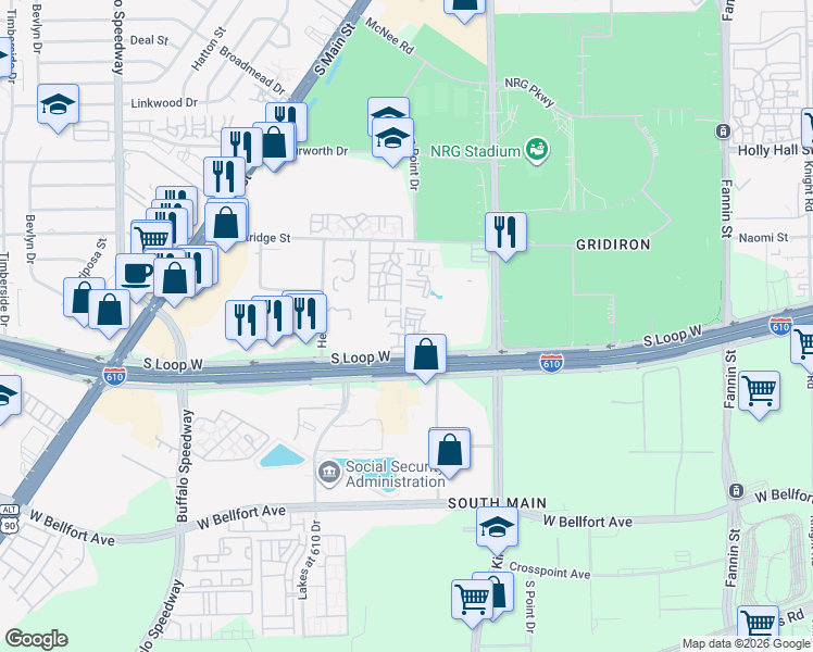 map of restaurants, bars, coffee shops, grocery stores, and more near 2500 South Loop West in Houston