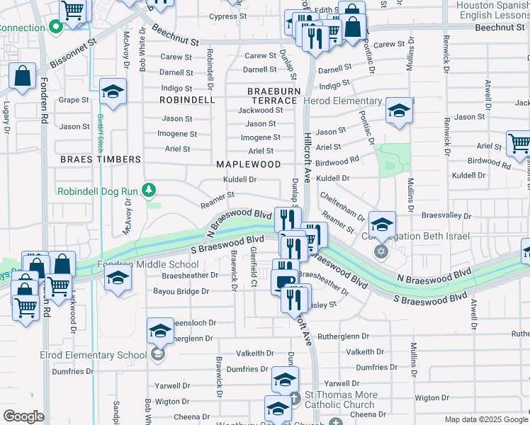 map of restaurants, bars, coffee shops, grocery stores, and more near 5988 North Braeswood Boulevard in Houston