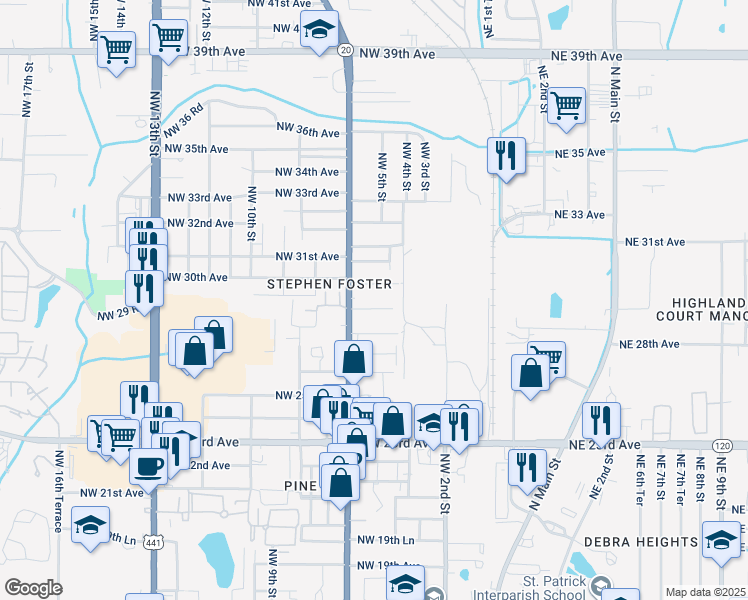 map of restaurants, bars, coffee shops, grocery stores, and more near 444 Northwest 29th Avenue in Gainesville