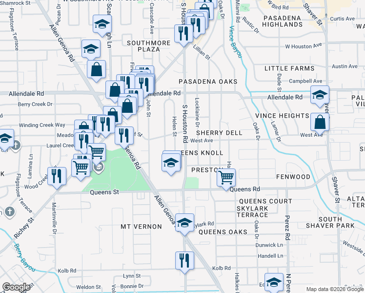 map of restaurants, bars, coffee shops, grocery stores, and more near 2208 South Houston Road in Pasadena