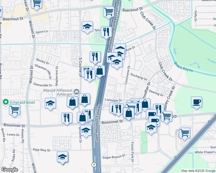 map of restaurants, bars, coffee shops, grocery stores, and more near 9475 West Sam Houston Parkway South in Houston