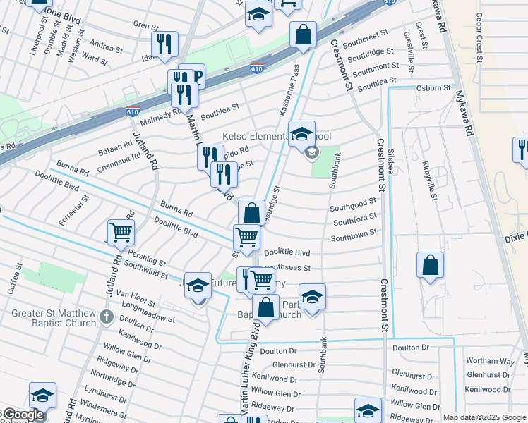 map of restaurants, bars, coffee shops, grocery stores, and more near 5803 Southford Street in Houston