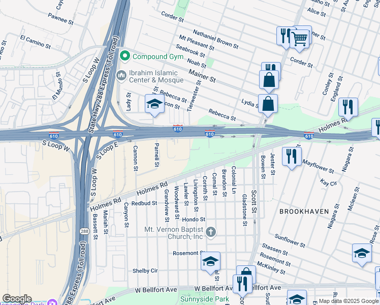 map of restaurants, bars, coffee shops, grocery stores, and more near 3530 South Loop West in Houston