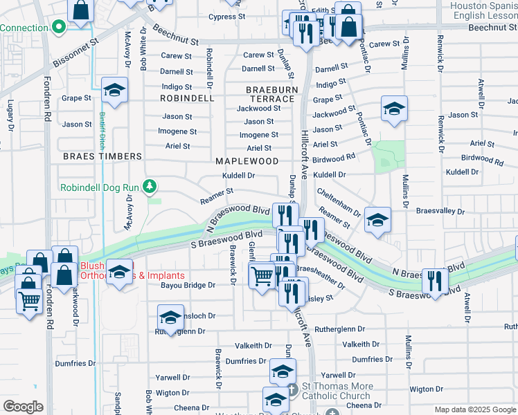 map of restaurants, bars, coffee shops, grocery stores, and more near 224 North Braeswood Boulevard in Houston