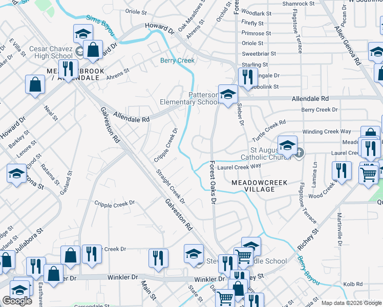 map of restaurants, bars, coffee shops, grocery stores, and more near 5210 Berry Creek Drive in Houston