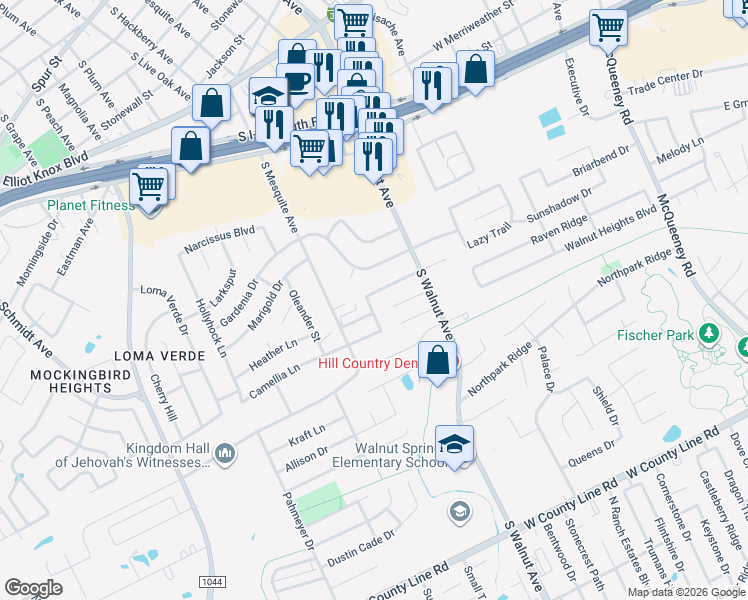 map of restaurants, bars, coffee shops, grocery stores, and more near 1320 Pecan Arbor in New Braunfels