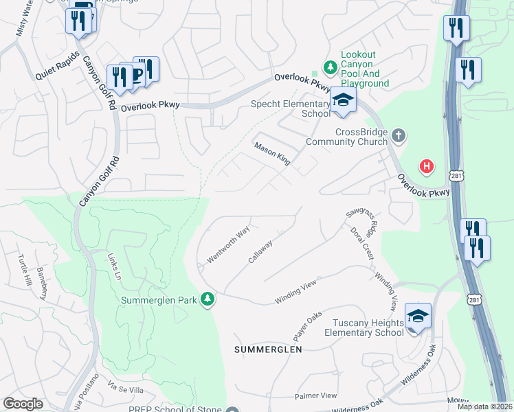map of restaurants, bars, coffee shops, grocery stores, and more near 2703 Winding View in San Antonio