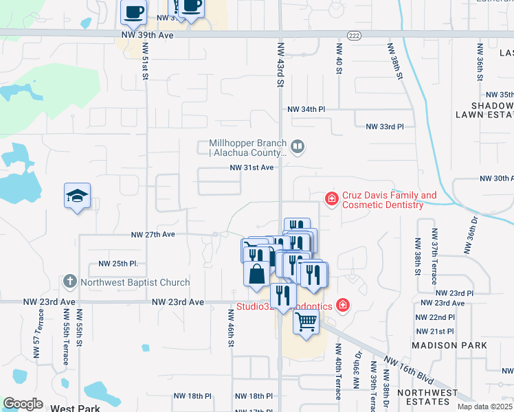 map of restaurants, bars, coffee shops, grocery stores, and more near 2850 Northwest 43rd Street in Gainesville