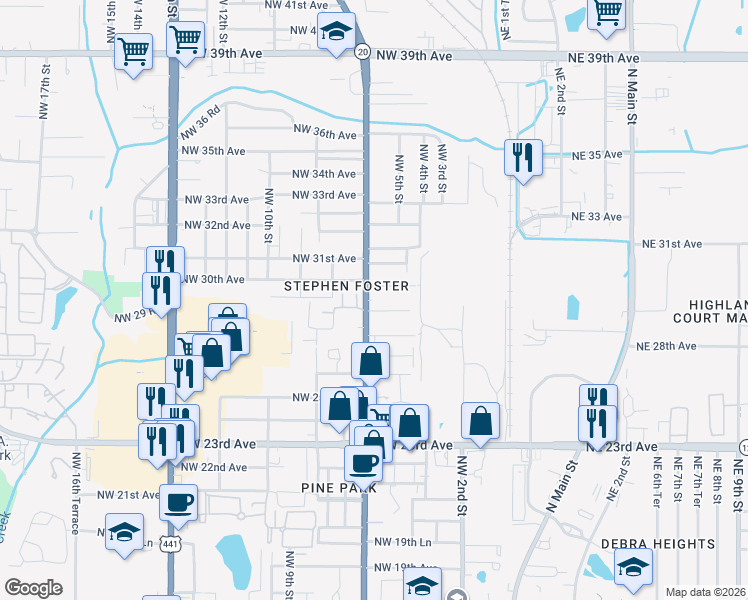 map of restaurants, bars, coffee shops, grocery stores, and more near 2919 Northwest 6th Street in Gainesville