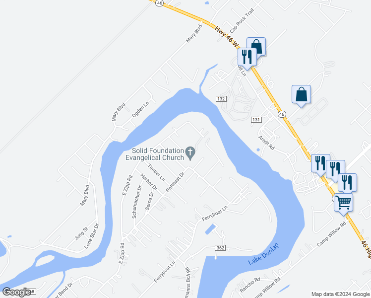 map of restaurants, bars, coffee shops, grocery stores, and more near 145 Woods End in New Braunfels