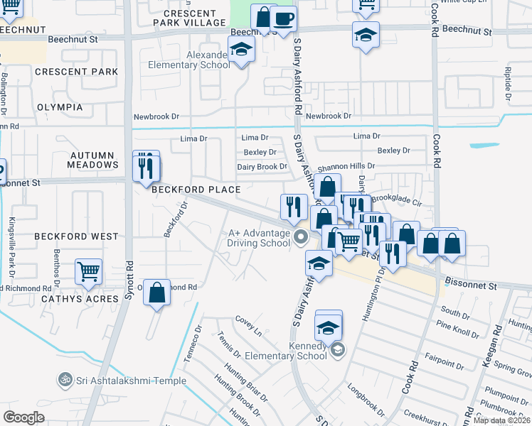map of restaurants, bars, coffee shops, grocery stores, and more near 12803 Glenwolde Drive in Houston
