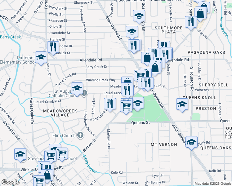 map of restaurants, bars, coffee shops, grocery stores, and more near 5718 Laurel Creek Way in Houston