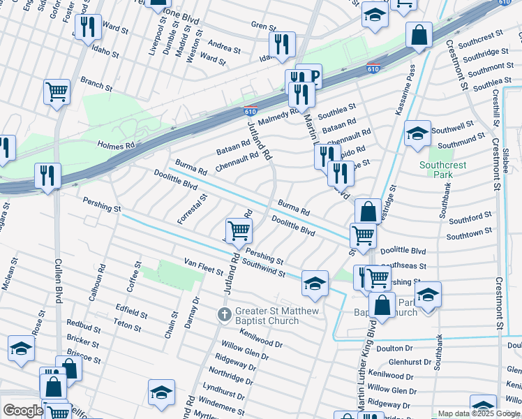 map of restaurants, bars, coffee shops, grocery stores, and more near 5113 Doolittle Boulevard in Houston